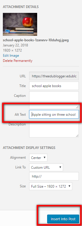 How to add alt text when uploading image in blog post