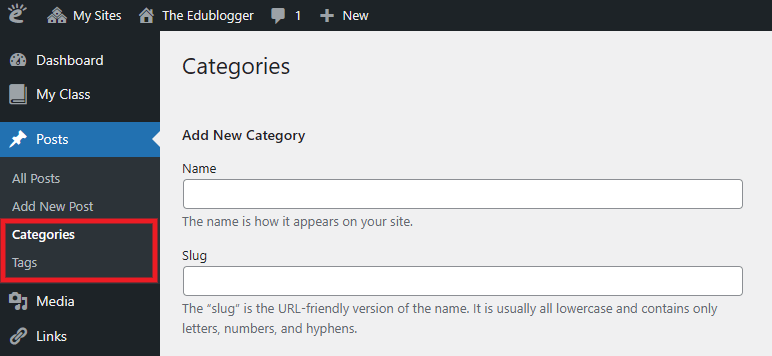 Screenshot showing how to select categories or tags (Posts > Categories/Tags) in a WordPress dashboard as explained above.