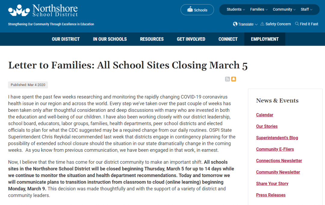 Screenshot of Northshore school district closure announcement