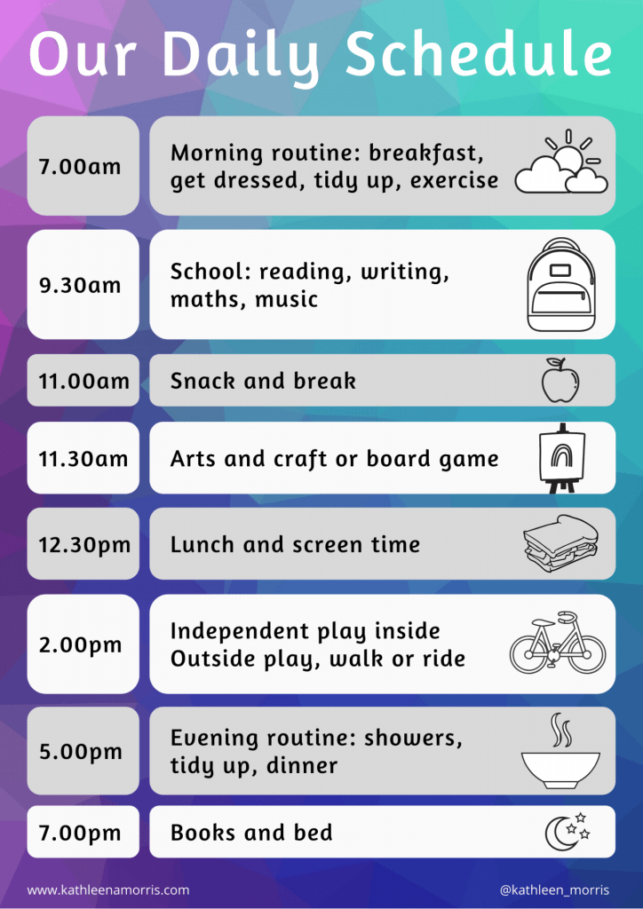 Sample daily schedule for parents homeschooling their young children at home -- Kathleen Morris
