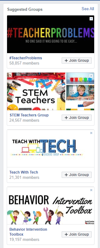 Screenshot showing suggested Facebook groups