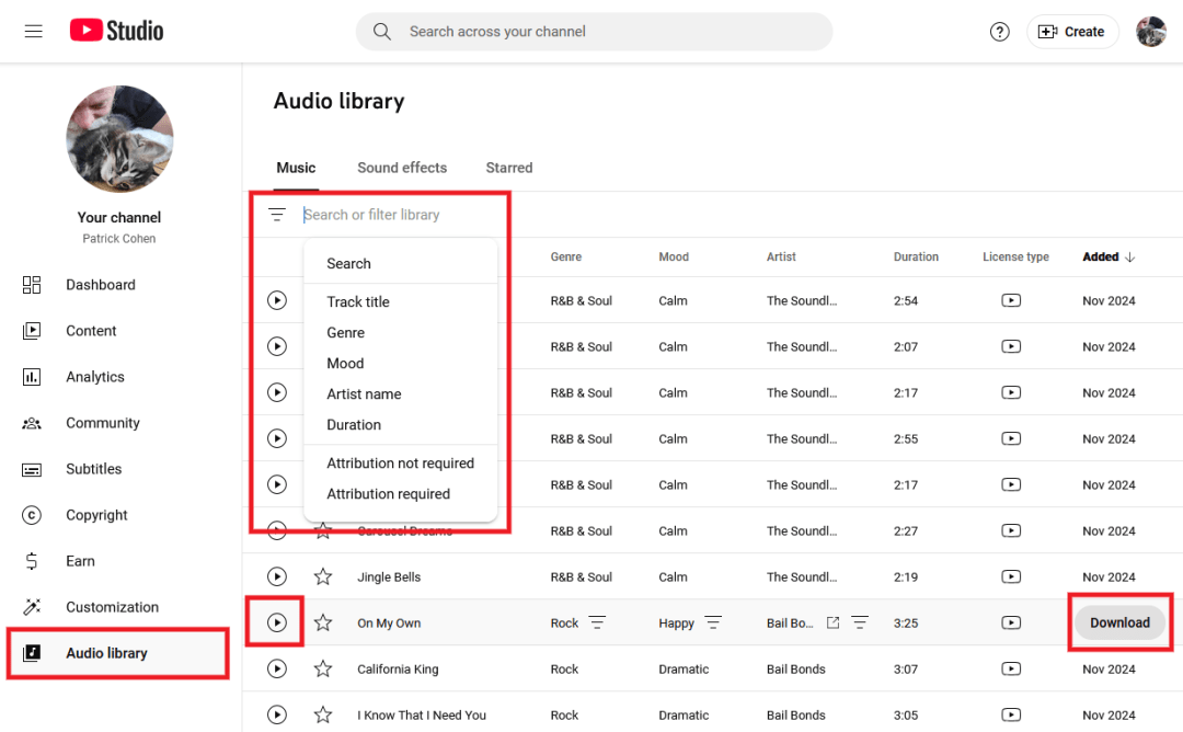 Using YouTube studio to find background music